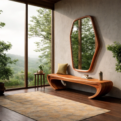 Organic style entry bench featuring continuous flowing form and smooth brown tone finish