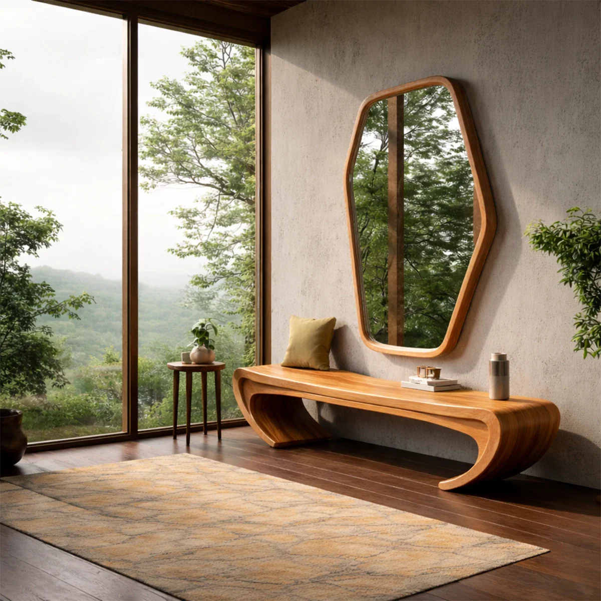 Minimalist hallway bench showcasing sculptural curved legs and refined oak tone finish