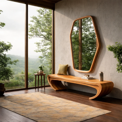 Minimalist hallway bench showcasing sculptural curved legs and refined oak tone finish
