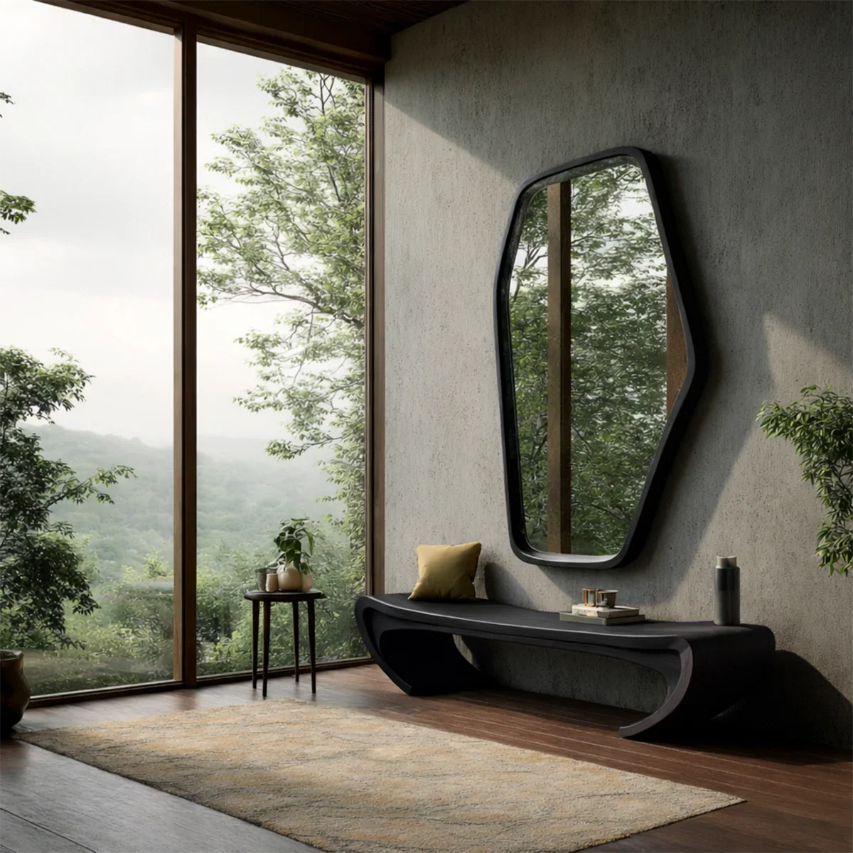 Decorative modern bench designed with artistic wave base and polished black tone finish