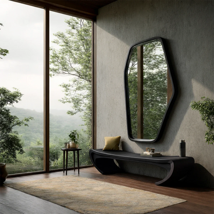 Decorative modern bench designed with artistic wave base and polished black tone finish