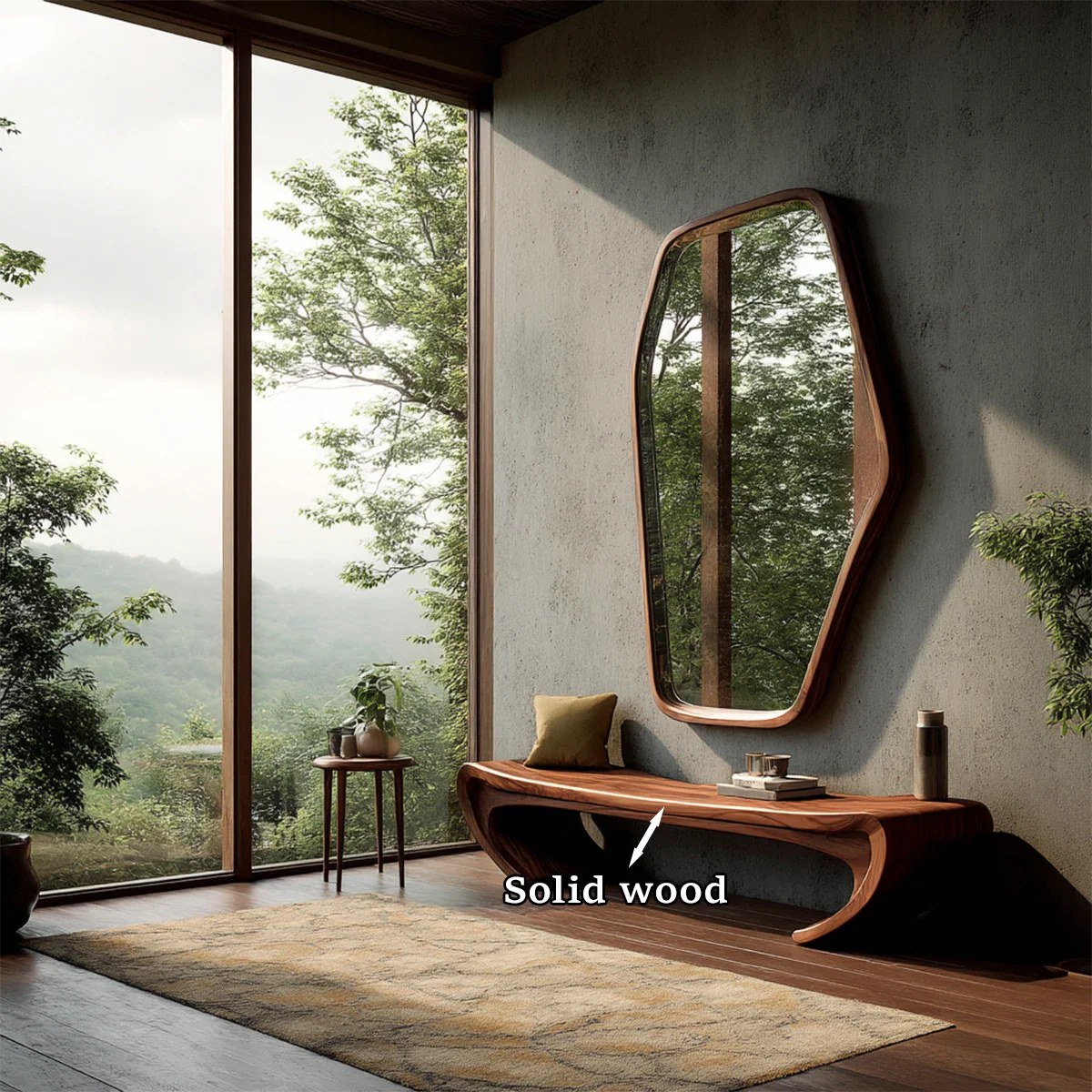 Japandi inspired entryway bench featuring sculptural form and warm walnut tone finish