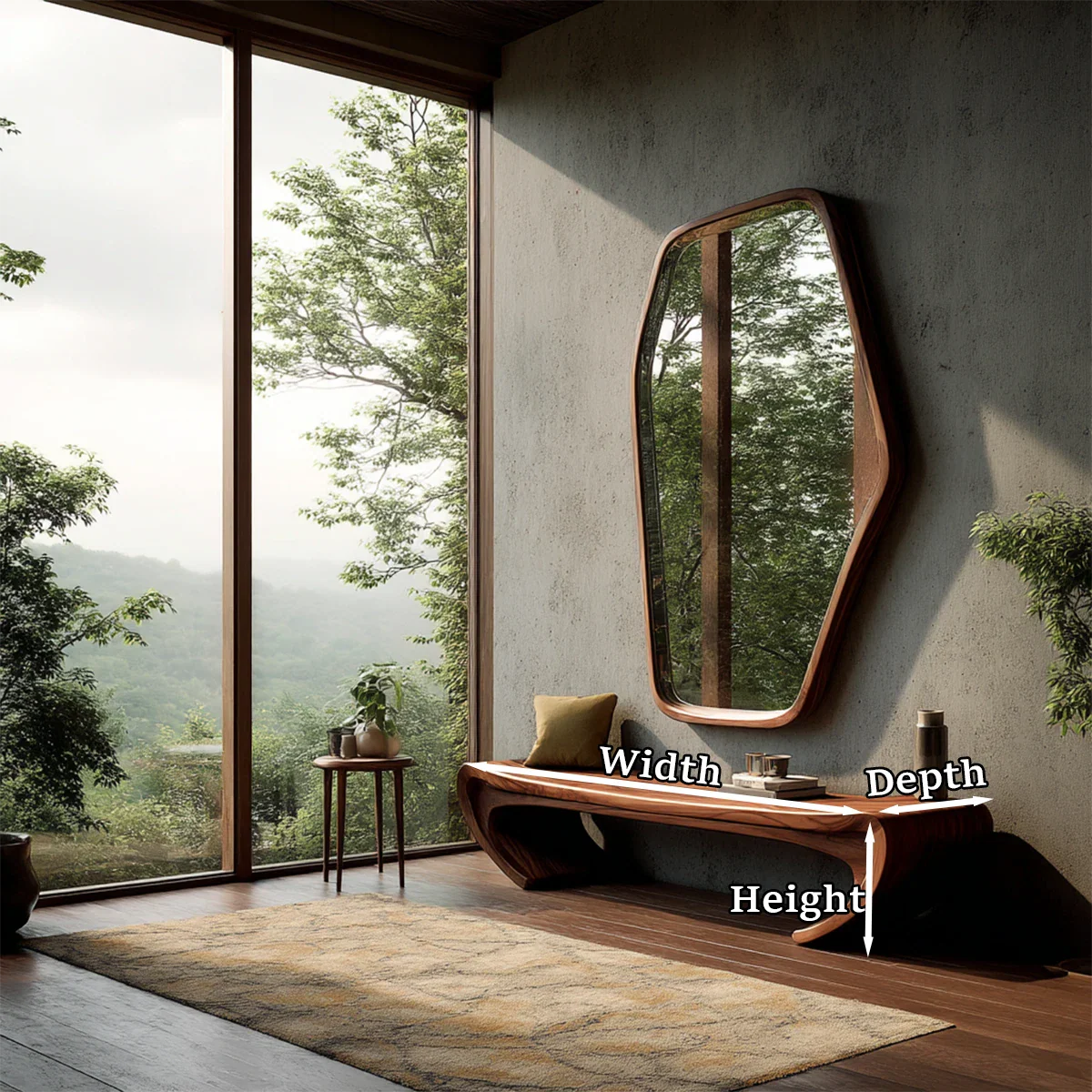 Luxury hallway seating bench showcasing elegant curved structure and walnut tone finish