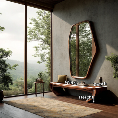 Luxury hallway seating bench showcasing elegant curved structure and walnut tone finish