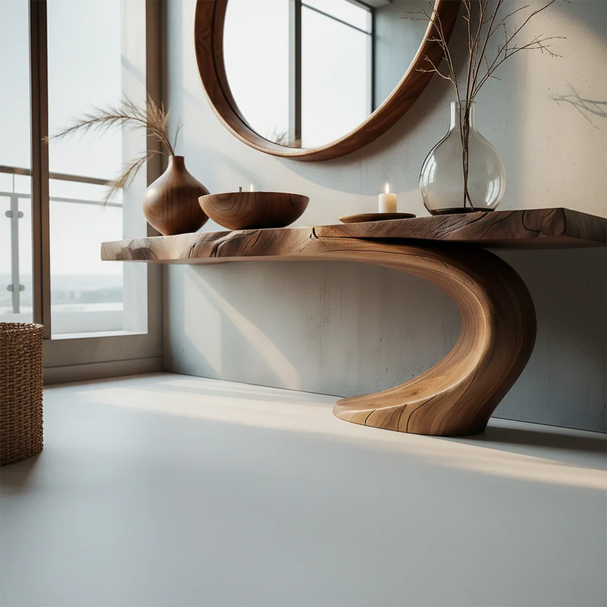 Sculptural Entryway Console Table Natural Solid Wood Organic Curve Base - ArborisWood - 5