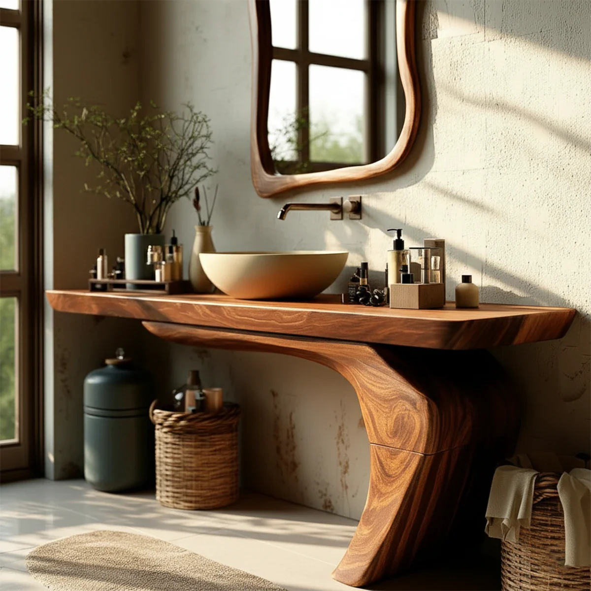 Sculptural Floating Bathroom Vanity Natural Solid Wood Handcrafted - ArborisWood - 4