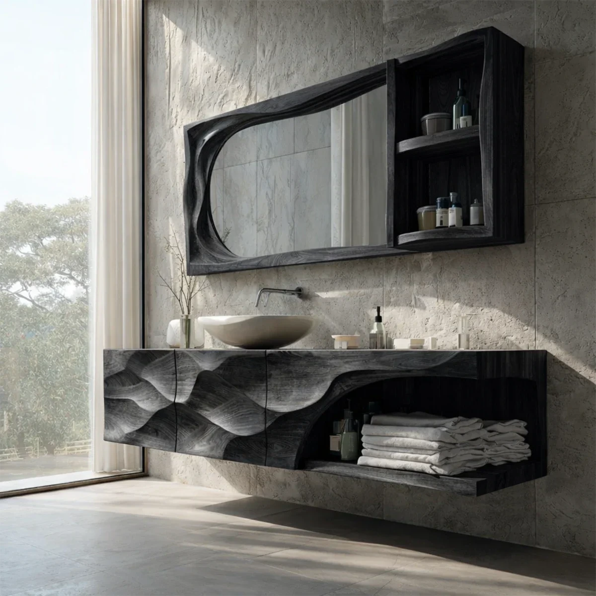 Sculptural Floating Natural Solid Wood Bathroom Vanity With Carved Front - ArborisWood - 10