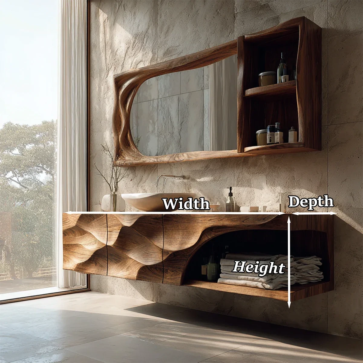 Sculptural Floating Natural Solid Wood Bathroom Vanity With Carved Front - ArborisWood - 11