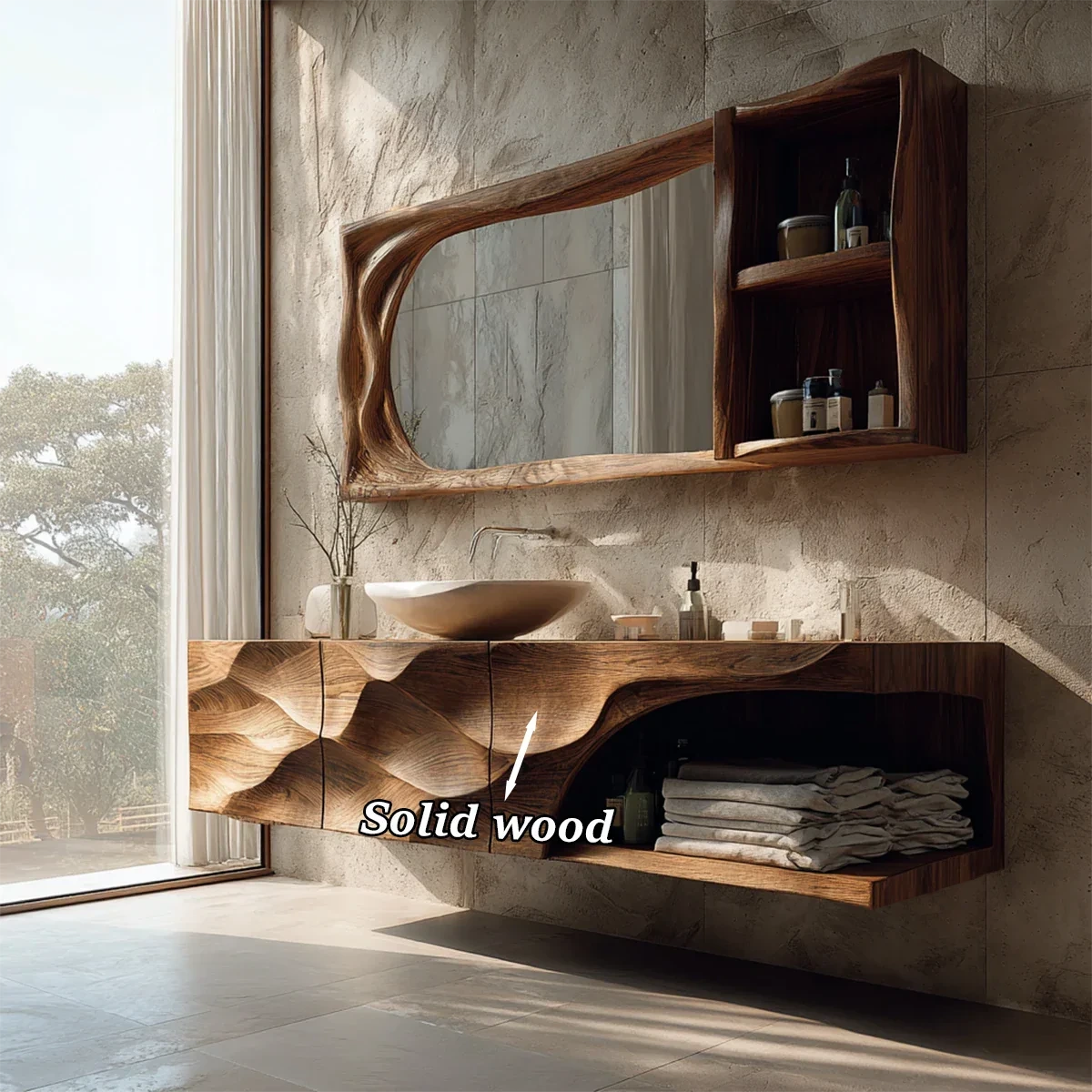 Sculptural Floating Natural Solid Wood Bathroom Vanity With Carved Front - ArborisWood - 12