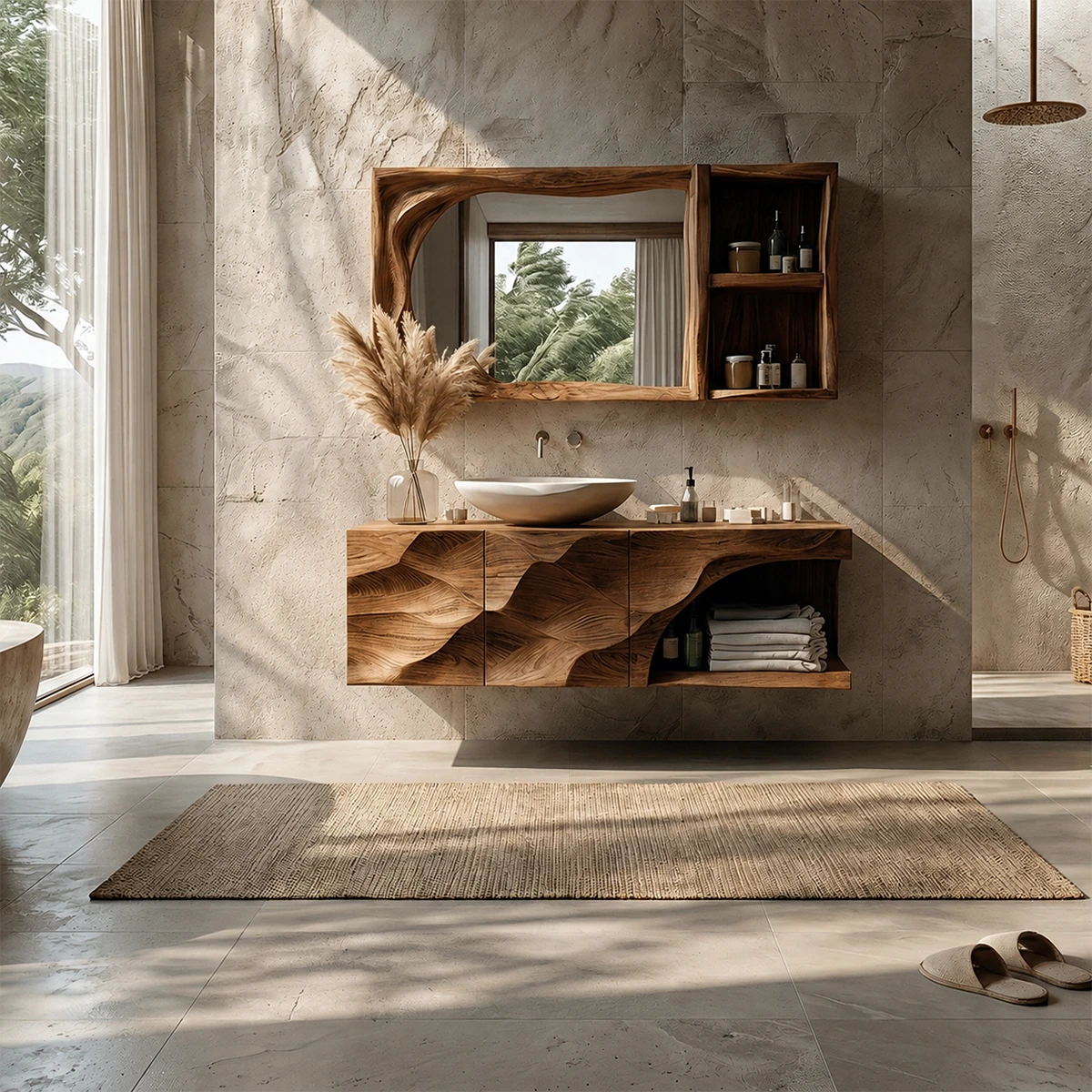 Sculptural Floating Natural Solid Wood Bathroom Vanity With Carved Front - ArborisWood - 13