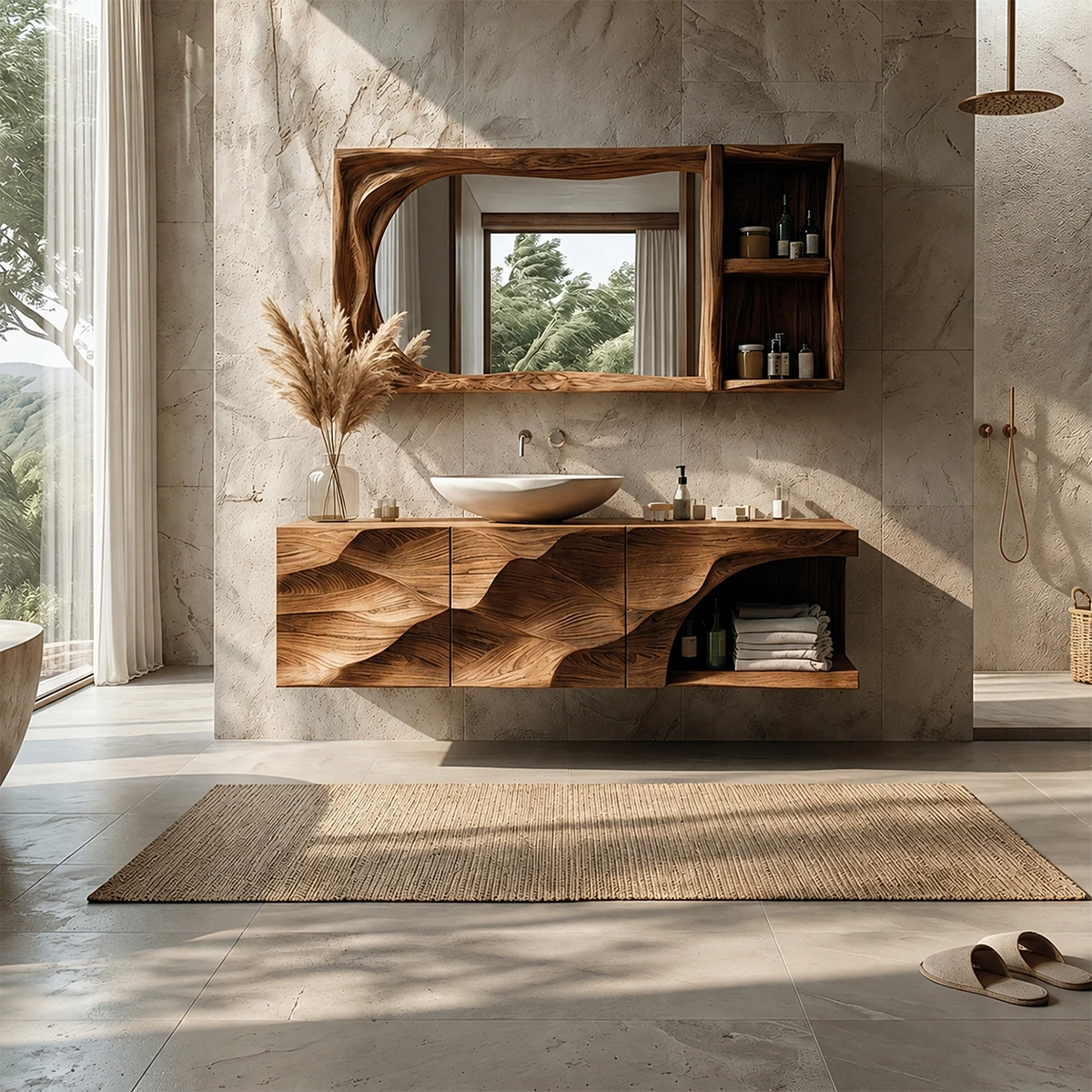 Sculptural Floating Natural Solid Wood Bathroom Vanity With Carved Front - ArborisWood - 14