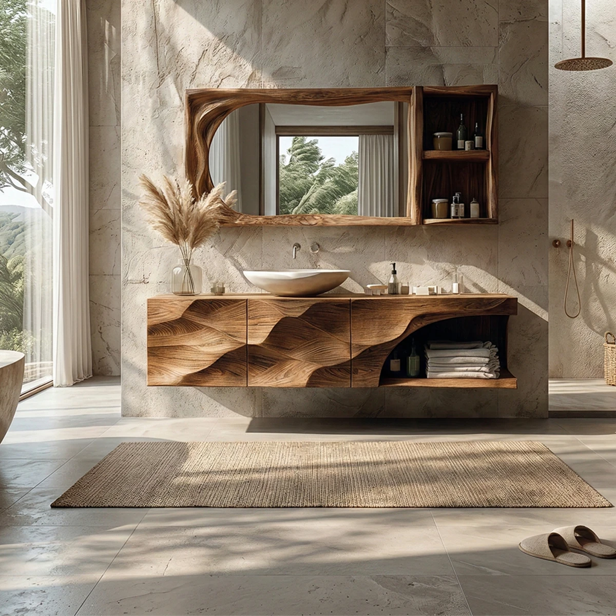 Sculptural Floating Natural Solid Wood Bathroom Vanity With Carved Front - ArborisWood - 15