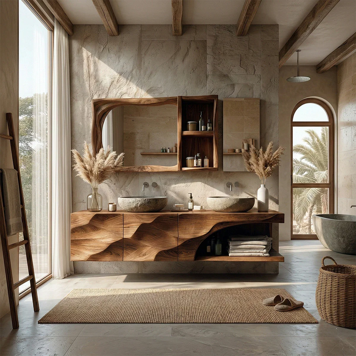 Sculptural Floating Natural Solid Wood Bathroom Vanity With Carved Front - ArborisWood - 3