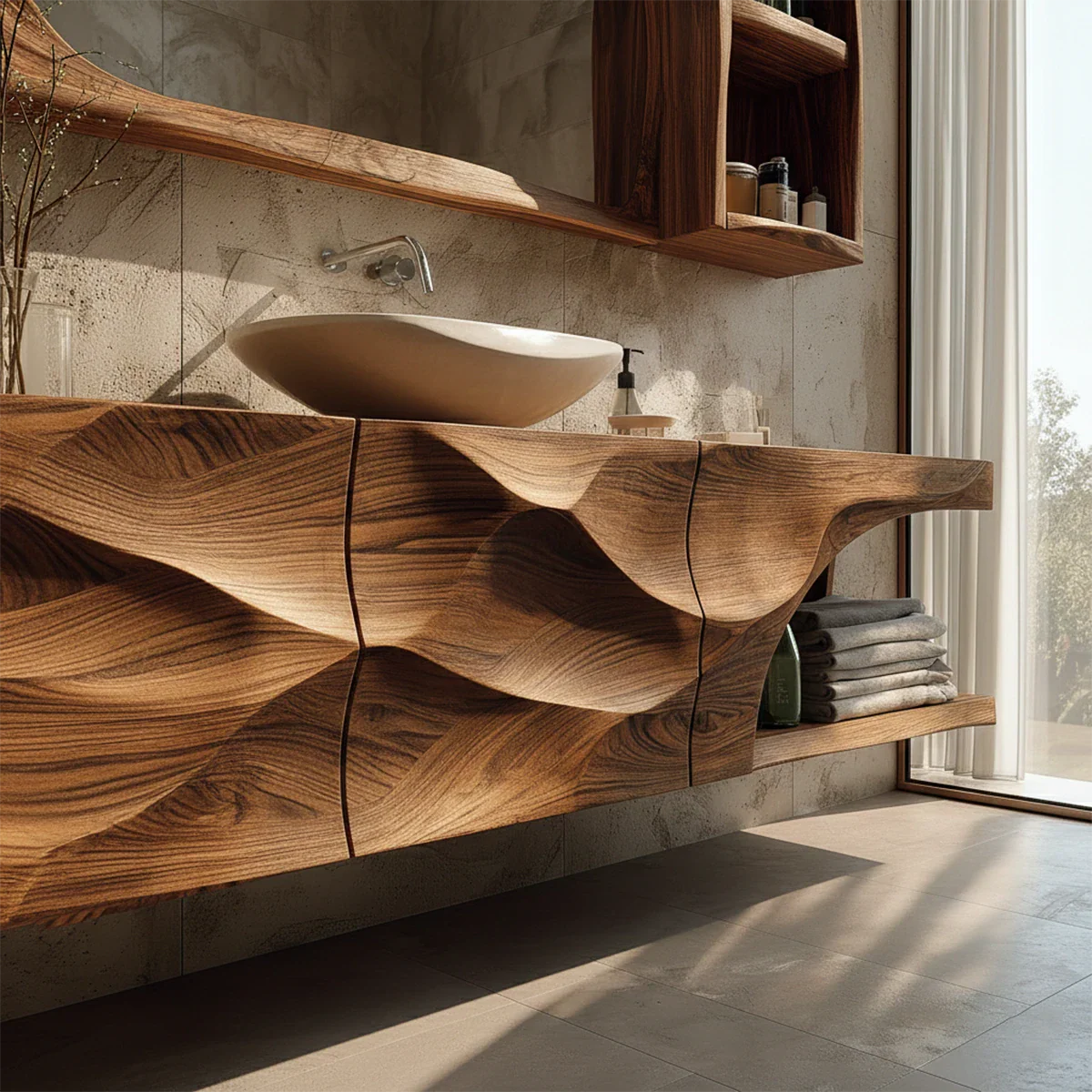 Sculptural Floating Natural Solid Wood Bathroom Vanity With Carved Front - ArborisWood - 4