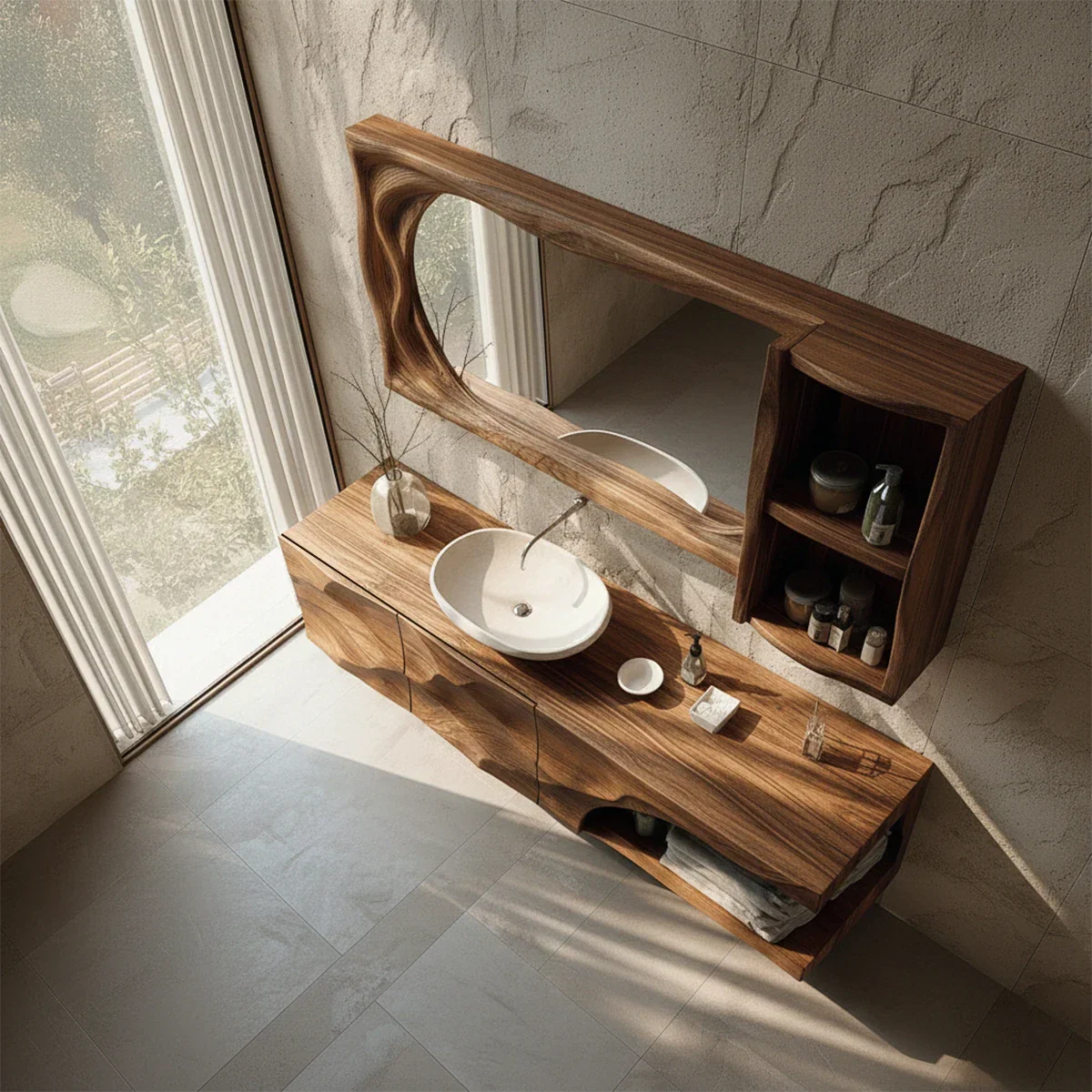 Sculptural Floating Natural Solid Wood Bathroom Vanity With Carved Front - ArborisWood - 6