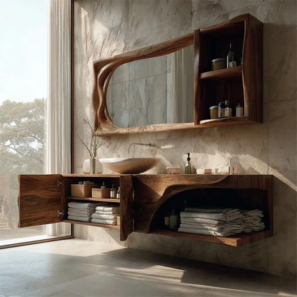 Sculptural Floating Natural Solid Wood Bathroom Vanity With Carved Front - ArborisWood - 7