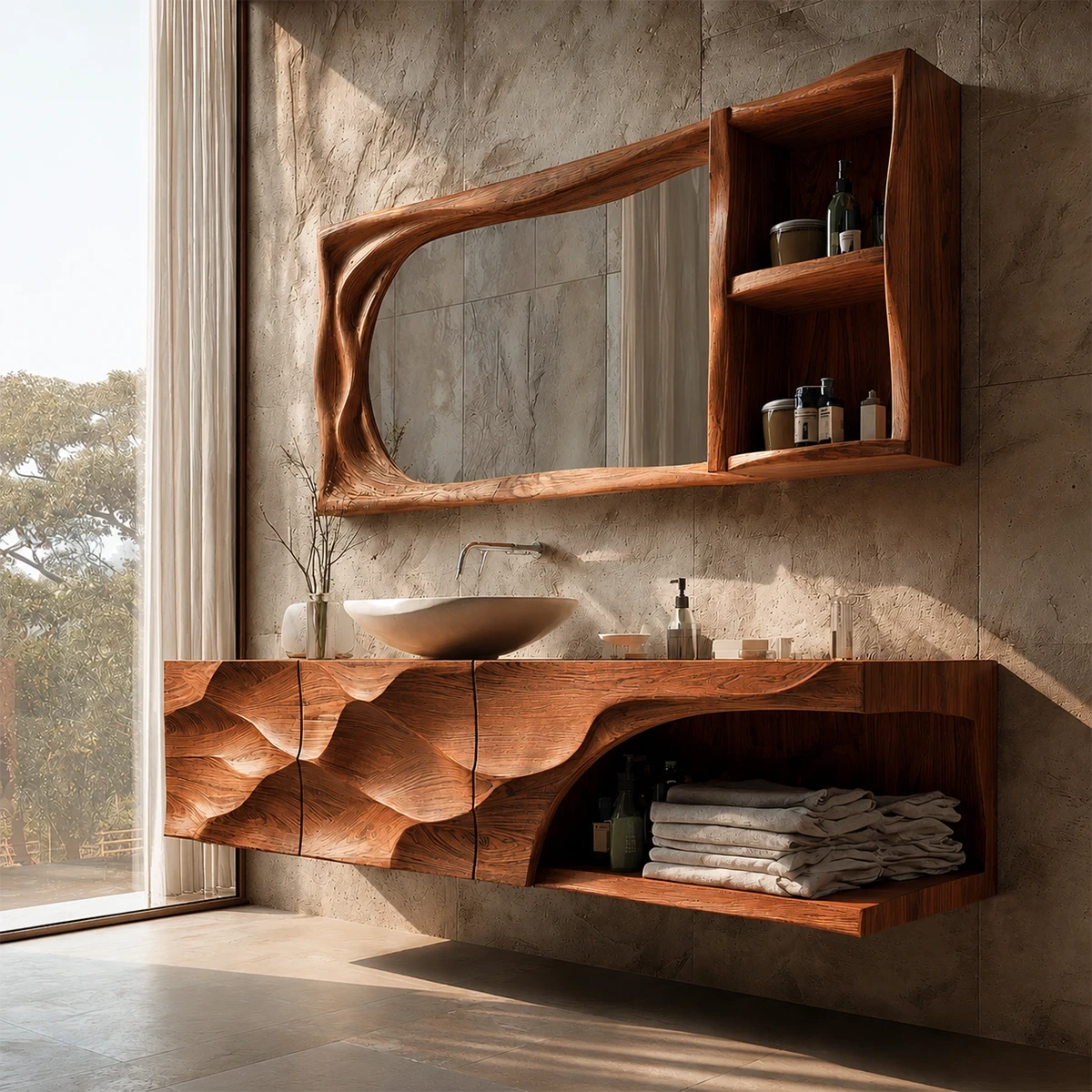 Sculptural Floating Natural Solid Wood Bathroom Vanity With Carved Front - ArborisWood - 8
