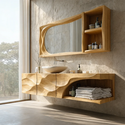Sculptural Floating Natural Solid Wood Bathroom Vanity With Carved Front - ArborisWood - 9
