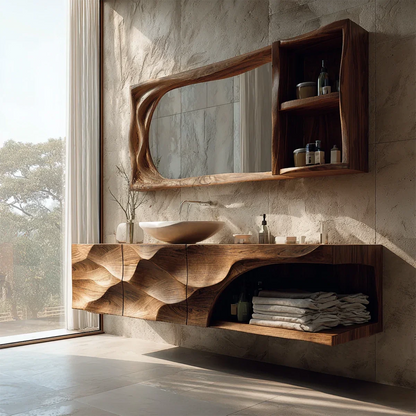 Sculptural Floating Natural Solid Wood Bathroom Vanity With Carved Front - ArborisWood