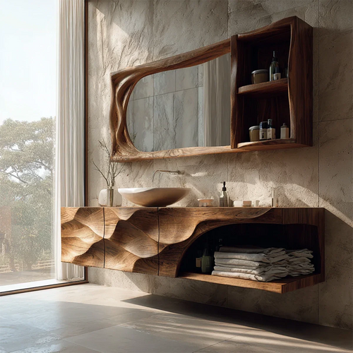 Sculptural Floating Natural Solid Wood Bathroom Vanity With Carved Front - ArborisWood
