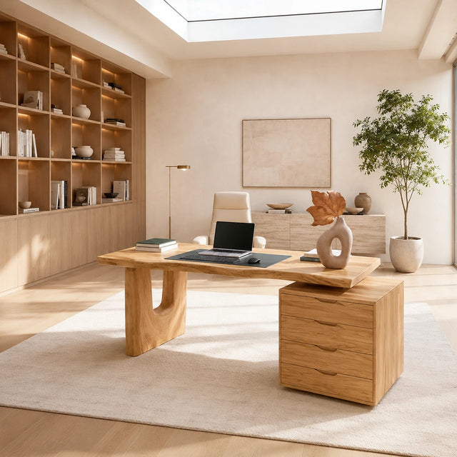 Spacious home office desk with drawer pedestal and sculptural support in a bright room