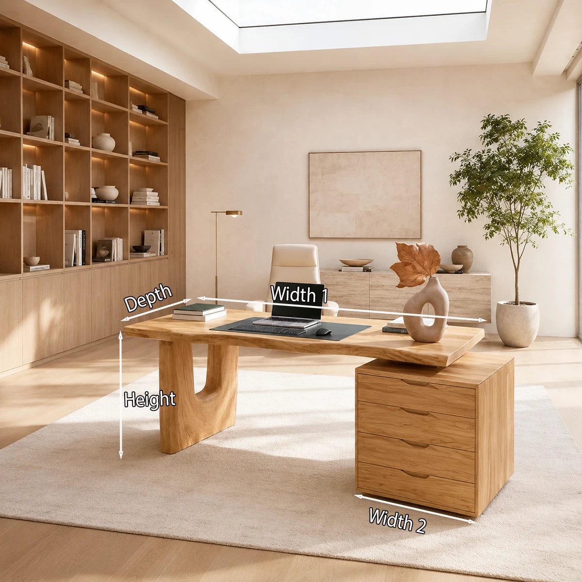 Stylish laptop desk with built in drawers and sculptural detailing for modern spaces