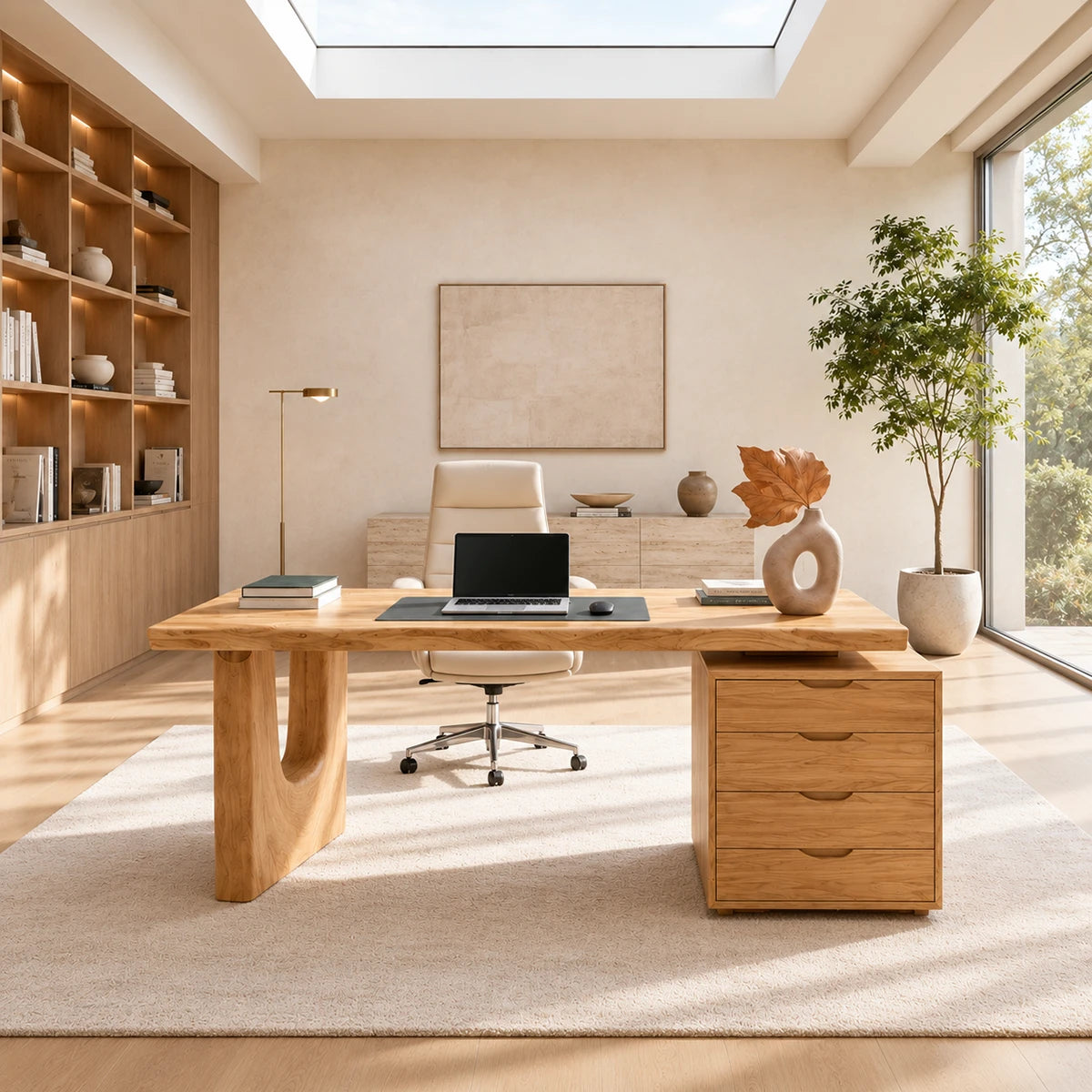 Executive desk with integrated storage and broad work surface for everyday productivity