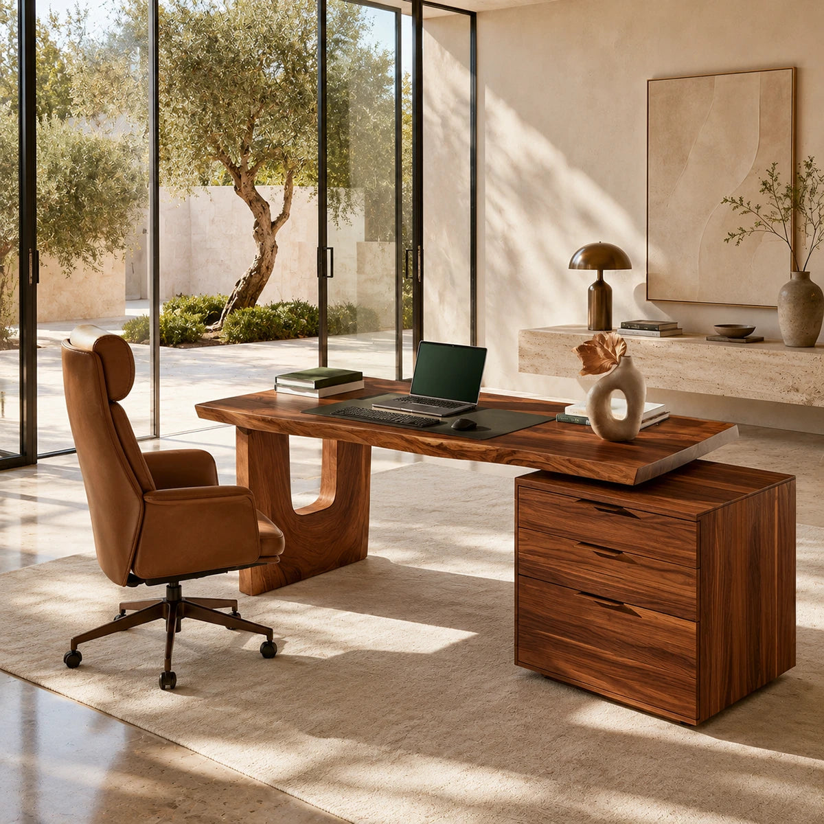 Refined work desk with four drawers and a thick top for an elegant office setting