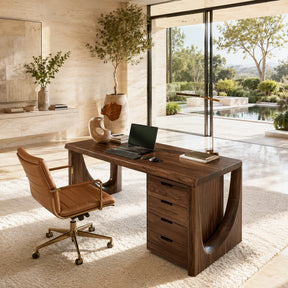 Executive writing desk with drawer storage and sculptural sides for daily work use