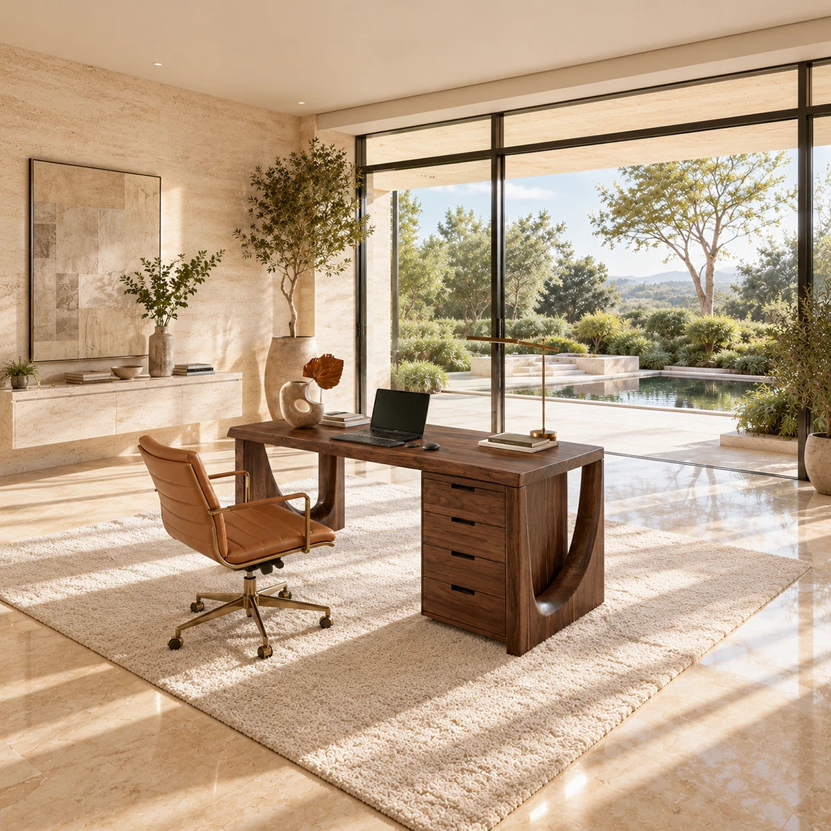 Modern solid wood desk with four drawers in a bright home office workspace setting