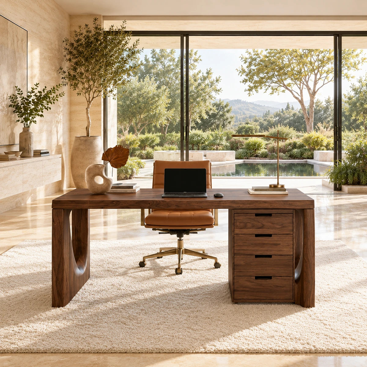 Home office desk with spacious top and four drawers for organized productivity needs
