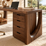 Contemporary computer desk featuring integrated storage and an open leg design detail
