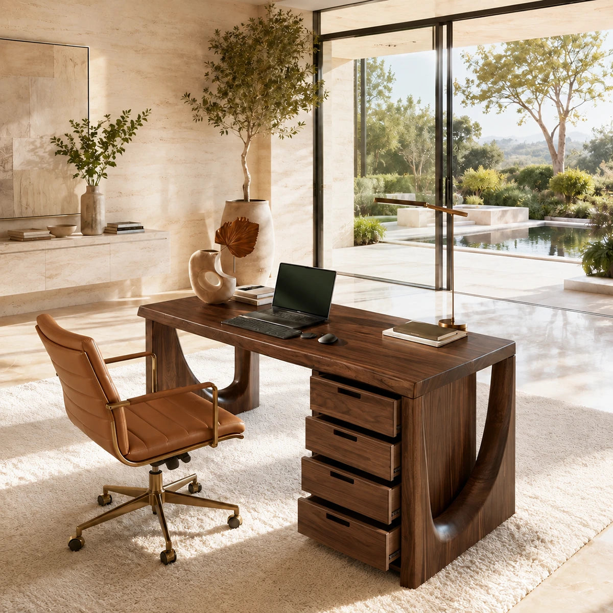 Functional study desk with four drawers and broad legroom in a refined interior space