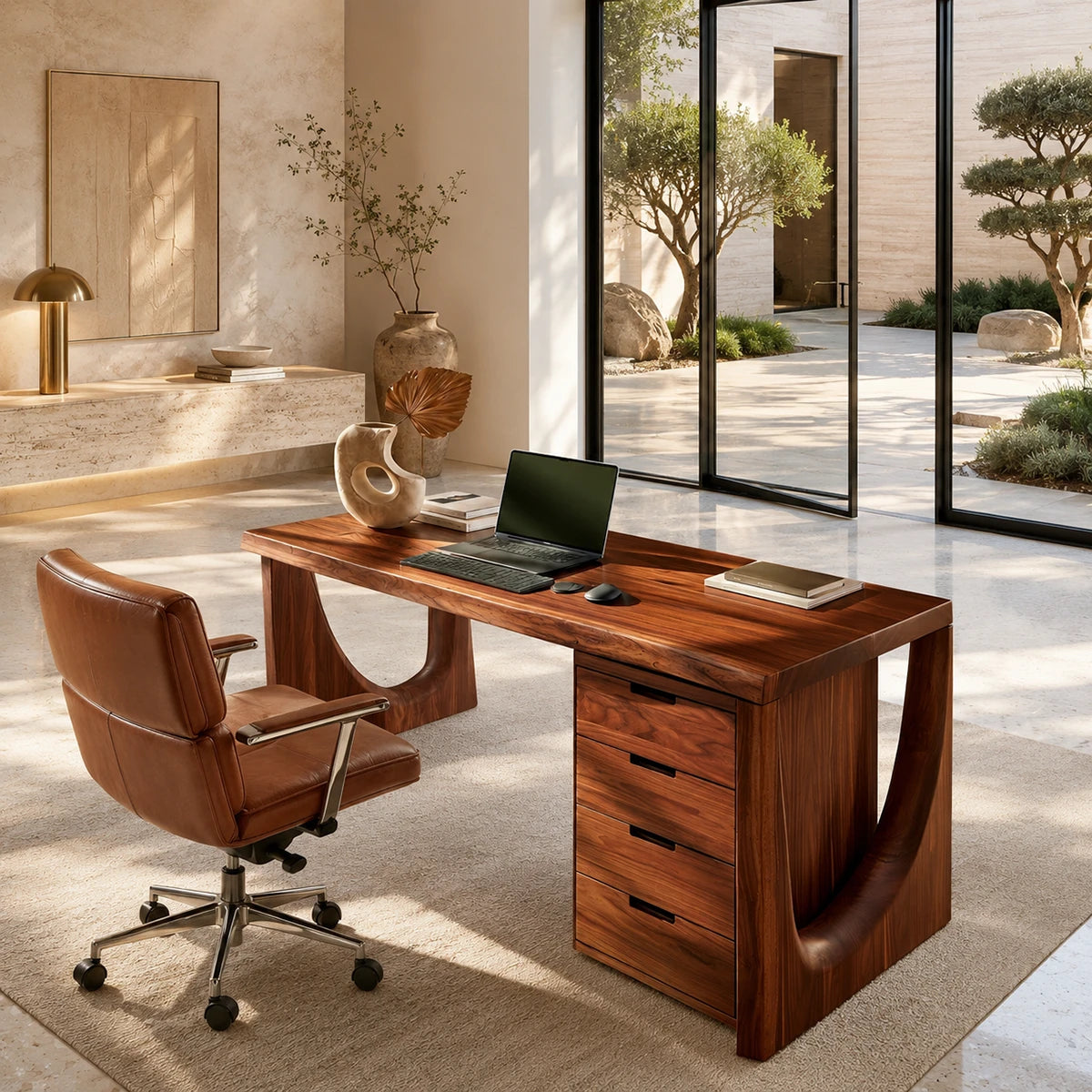 Refined office desk with built in drawers and sculpted supports for home projects