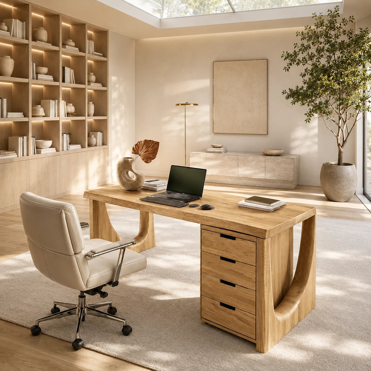 Minimalist writing desk with practical storage and a wide surface for laptop work