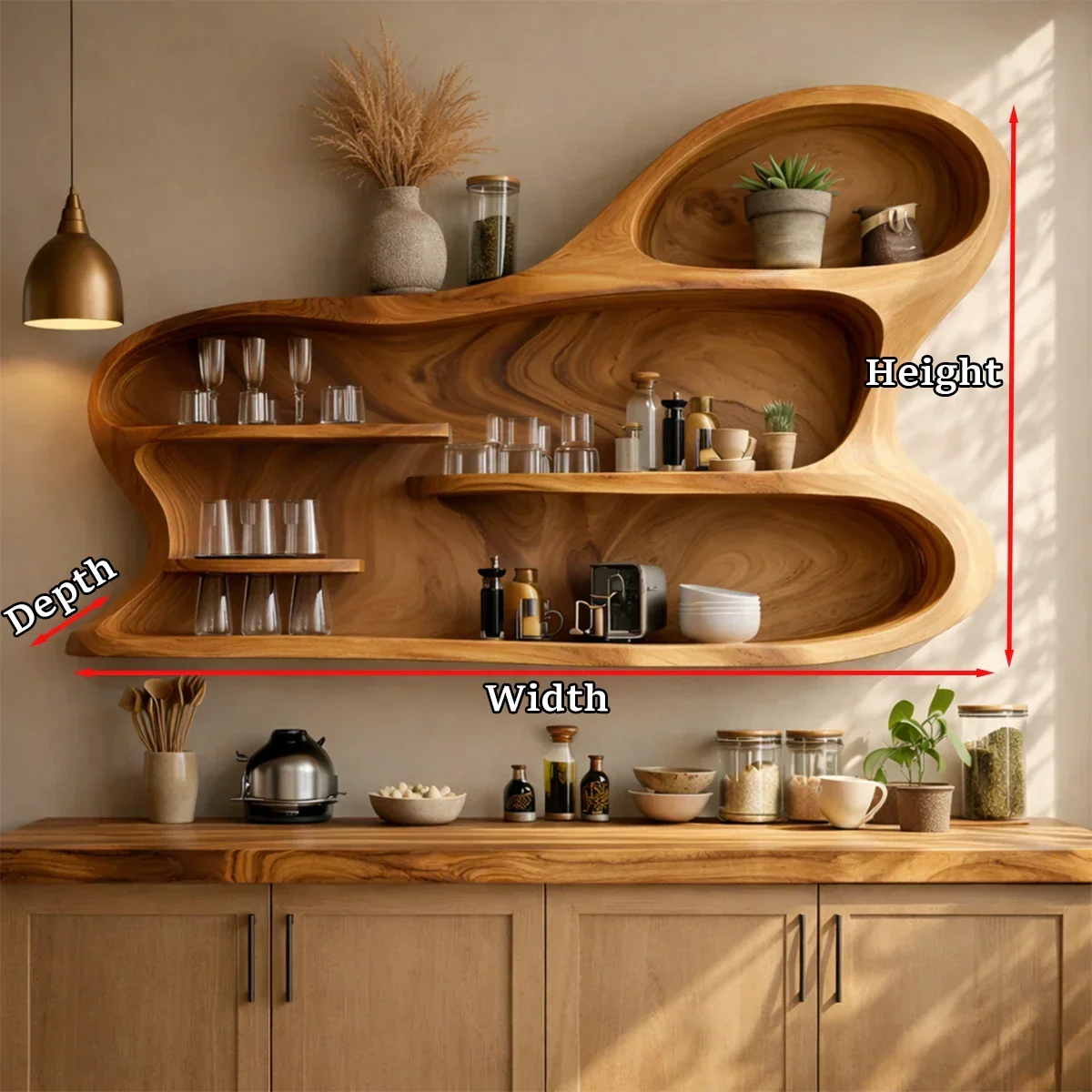 Sculptural Kitchen Wall Shelves in Natural Wood with Organic Open Storage - Arboriswood - 9