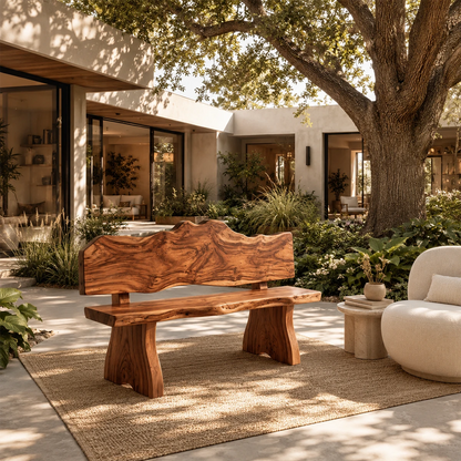 Sculptural bench with live edge seat and organic backrest in a luxury garden patio