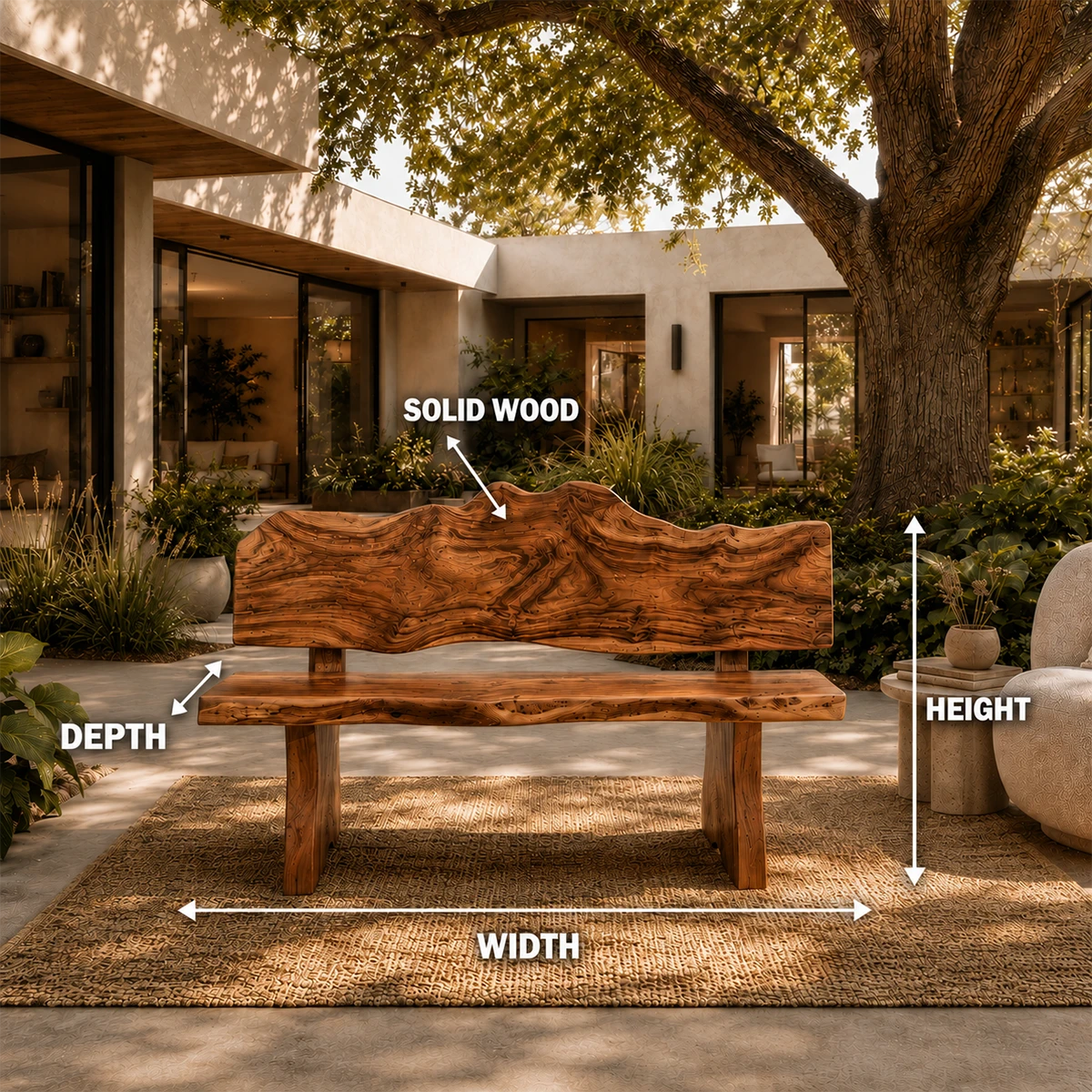A rustic outdoor wooden bench with a live-edge backrest and seat, shown in a patio courtyard with measurement arrows and labels indicating width, depth, height, and solid wood material.