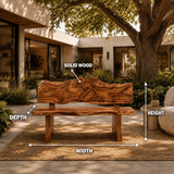 A rustic outdoor wooden bench with a live-edge backrest and seat, shown in a patio courtyard with measurement arrows and labels indicating width, depth, height, and solid wood material.