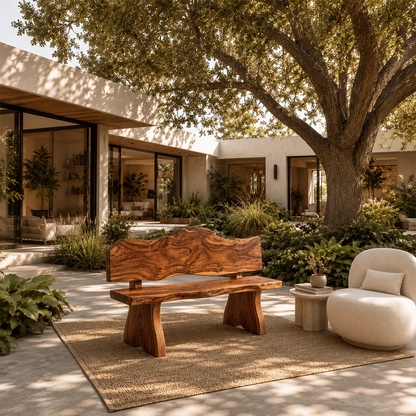 Artisan wood bench featuring flowing grain patterns and a bold natural edge design