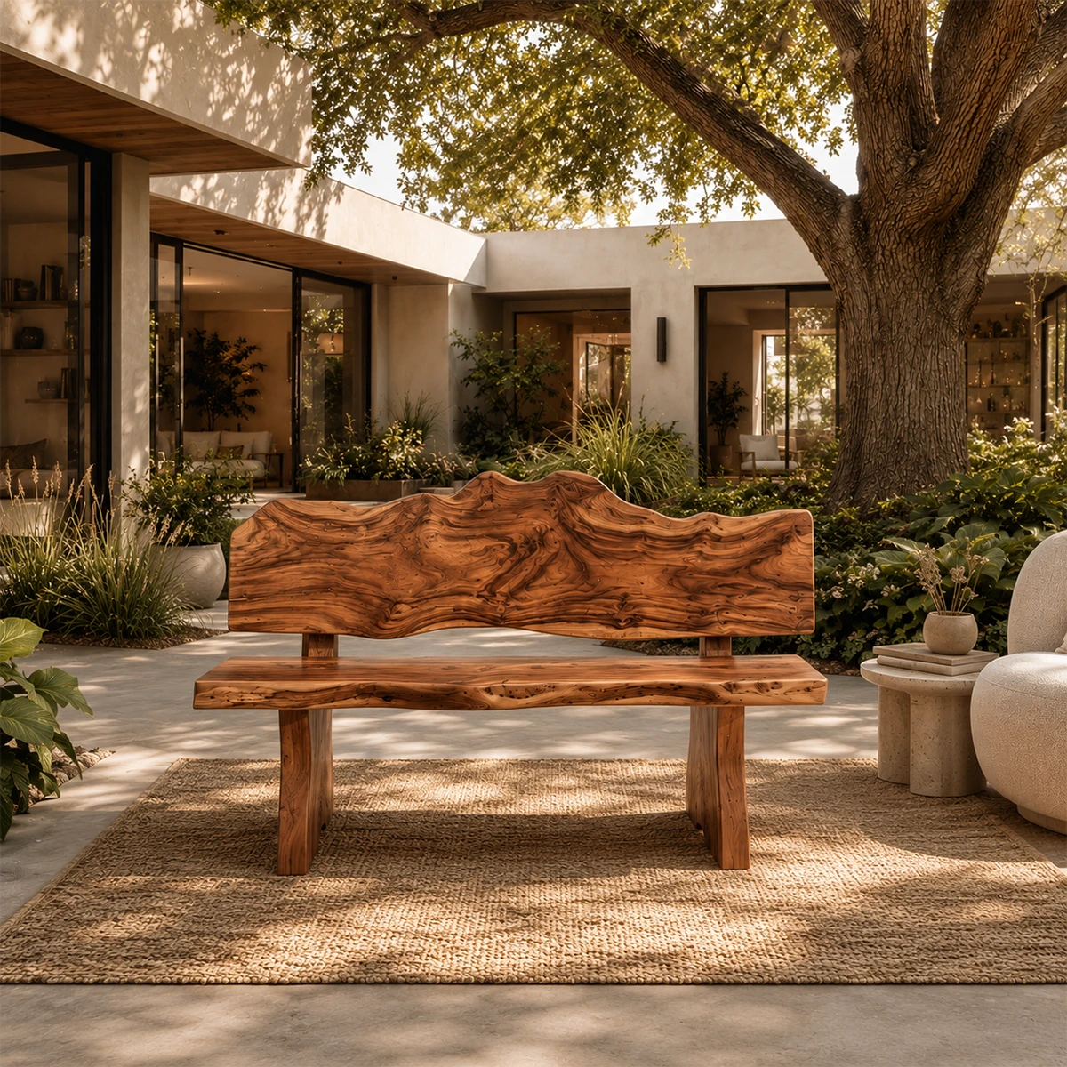 Organic modern bench styled on a woven rug beside a curved chair in an open courtyard