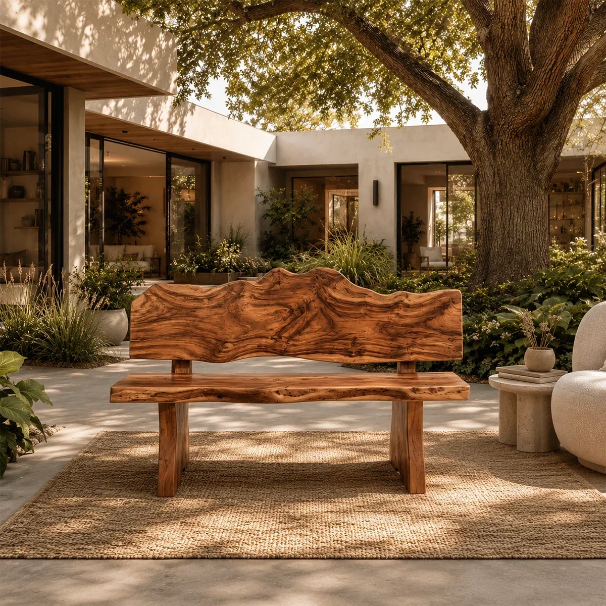 Organic modern bench styled on a woven rug beside a curved chair in an open courtyard