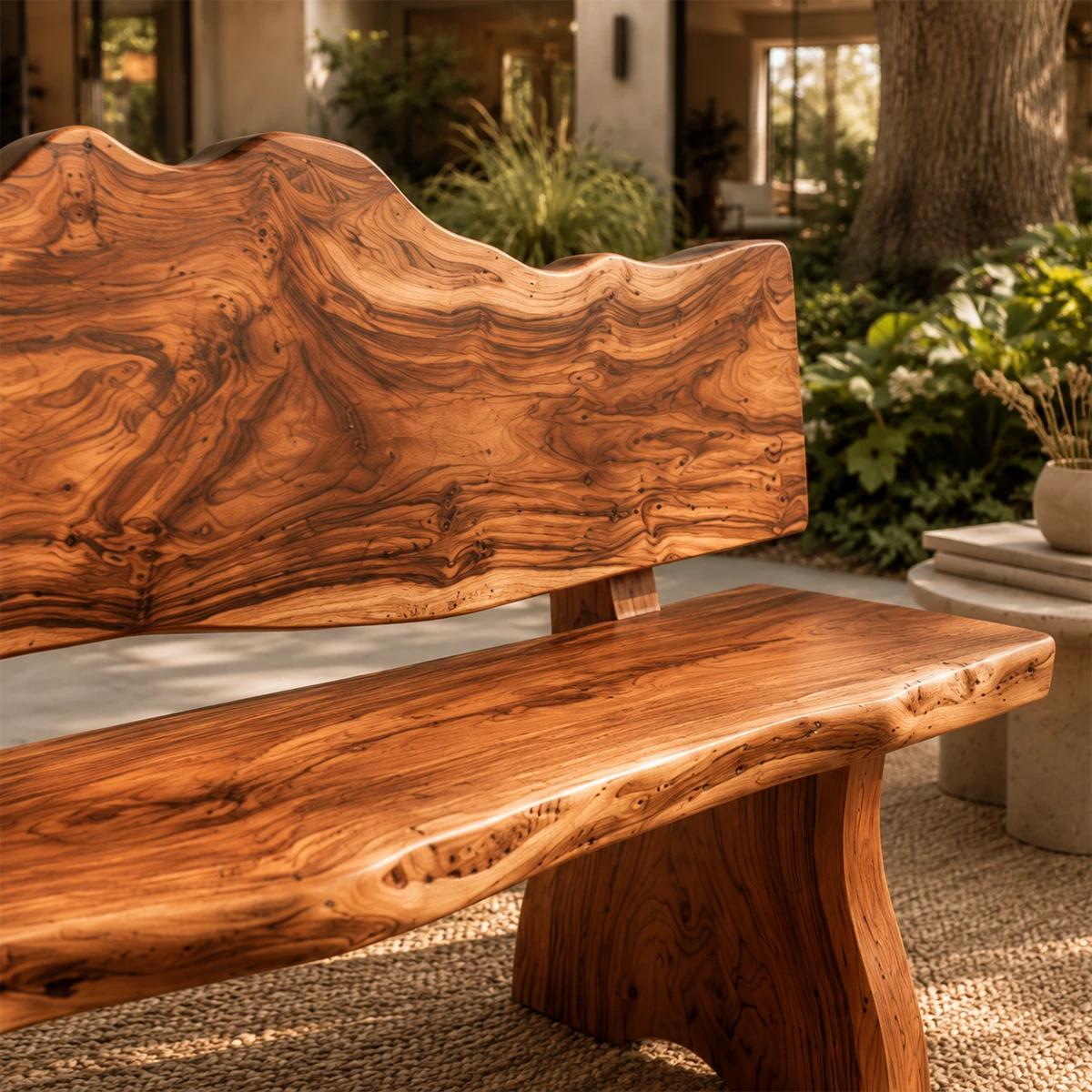 Handcrafted statement bench with sculpted legs and dramatic grain in a serene patio