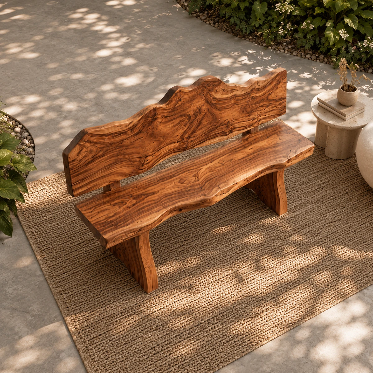 Live edge garden bench displayed beneath a large tree in a refined outdoor lounge