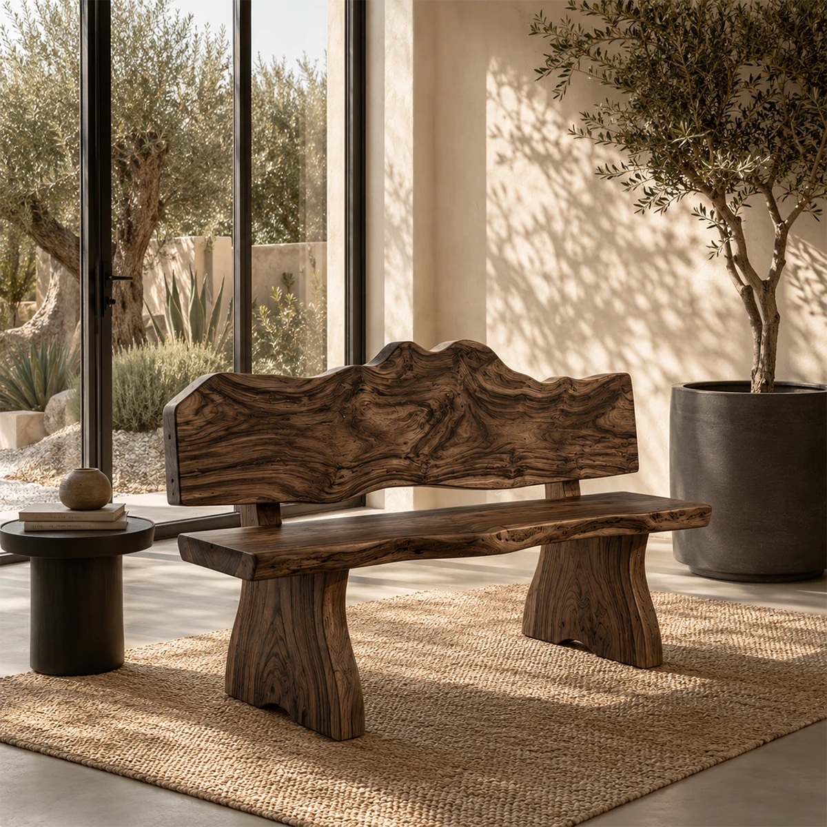 Designer entryway bench showcasing natural grain and sculptural supports in warm light