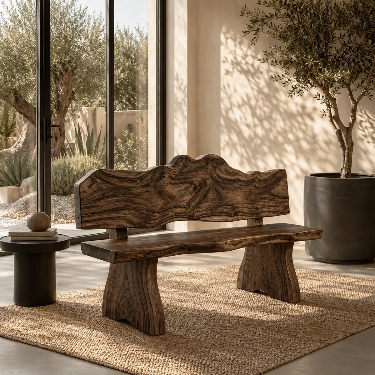 Designer entryway bench showcasing natural grain and sculptural supports in warm light