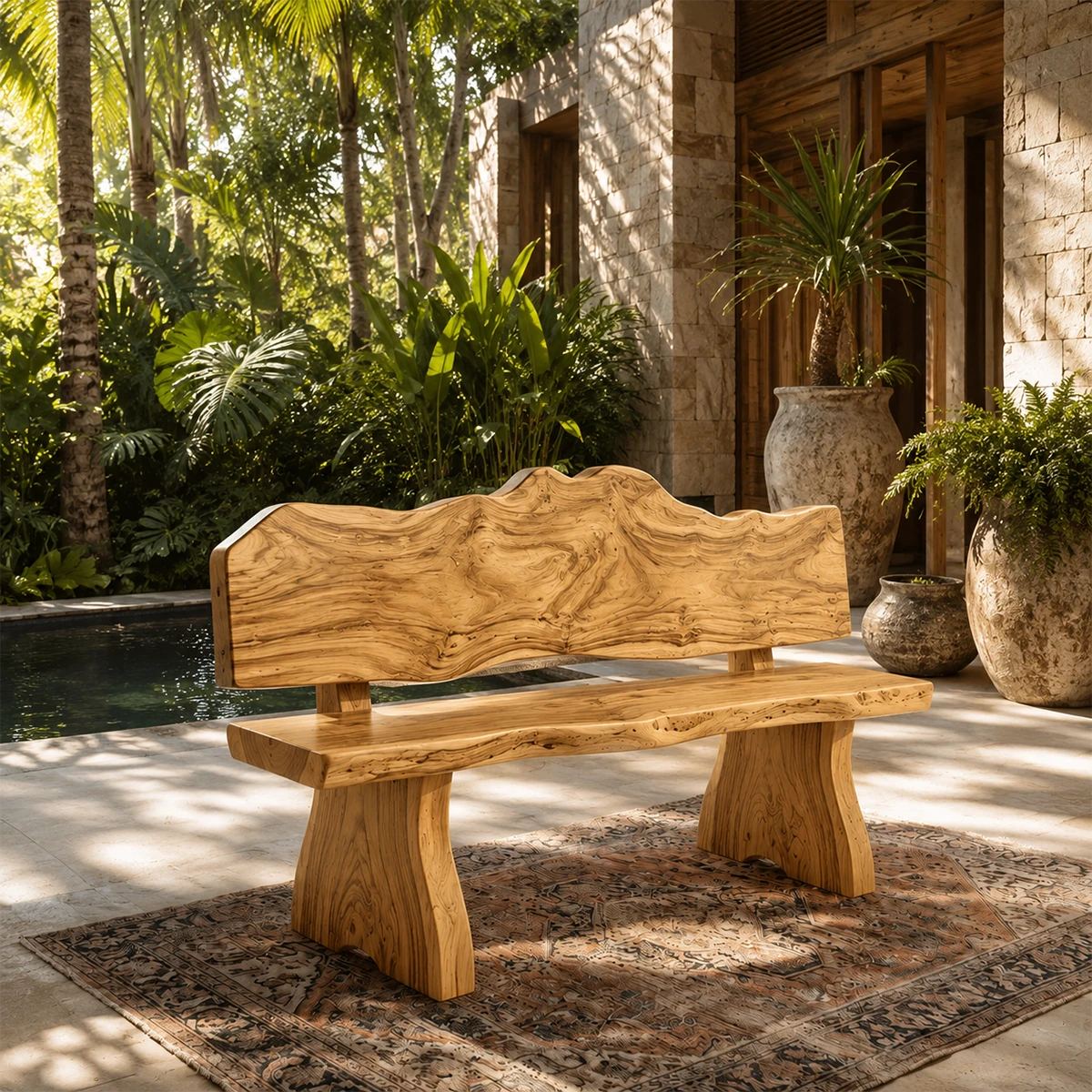 Unique wooden bench with organic contours placed in a lush contemporary garden setting