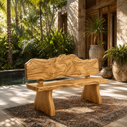 Unique wooden bench with organic contours placed in a lush contemporary garden setting
