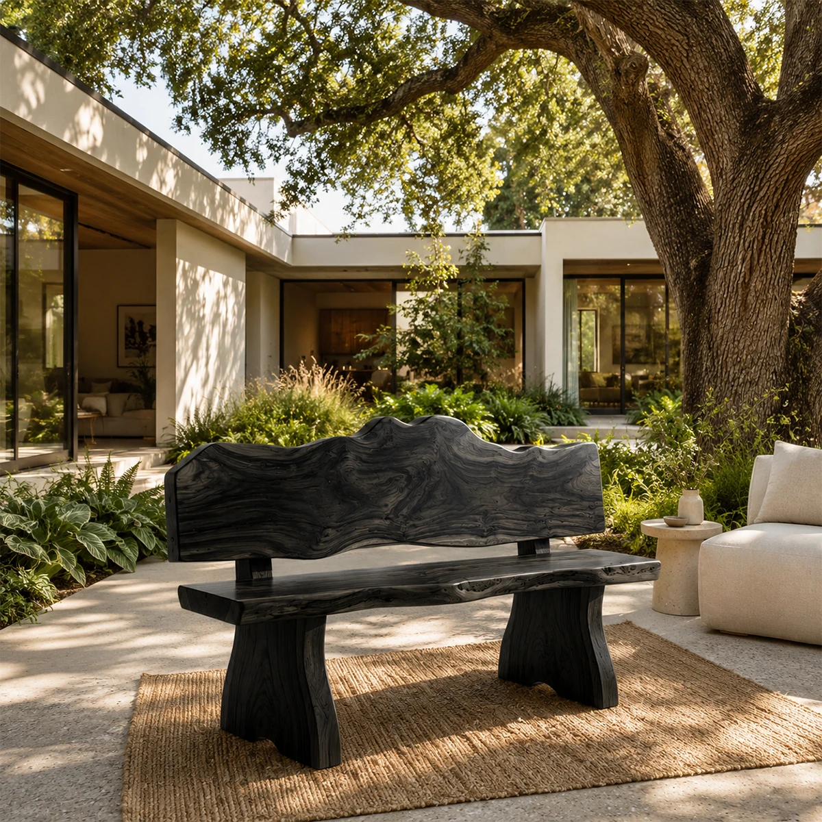 Luxury patio bench with flowing edges and artistic grain beside neutral outdoor seating