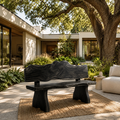 Luxury patio bench with flowing edges and artistic grain beside neutral outdoor seating